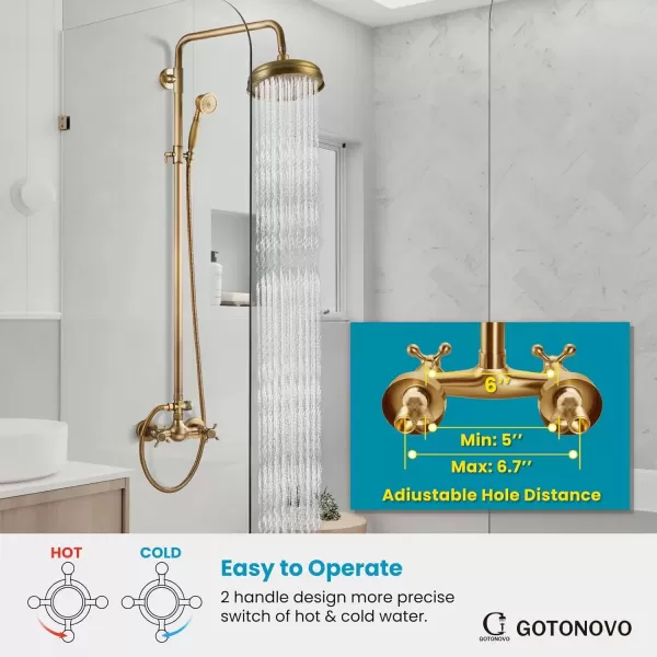 imagegotonovo Bathroom Exposed Shower Fixture Set 2 Functions 8 Inch Rainfall Shower Head Wall Mount 2 Double Knobs Cross Handle Mixer Shower System Combo Unit Brass Handheld Spray Polish GoldAntique Brass