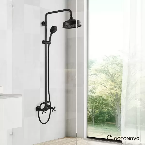 imagegotonovo Bathroom Exposed Shower Fixture Set 2 Functions 8 Inch Rainfall Shower Head Wall Mount 2 Double Knobs Cross Handle Mixer Shower System Combo Unit Brass Handheld Spray Polish GoldMatte Black