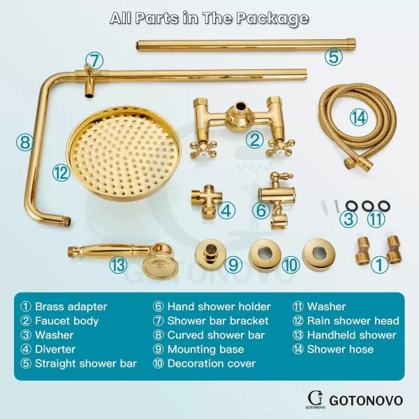 imagegotonovo Bathroom Exposed Shower Fixture Set 2 Functions 8 Inch Rainfall Shower Head Wall Mount 2 Double Knobs Cross Handle Mixer Shower System Combo Unit Brass Handheld Spray Polish GoldPolish Gold