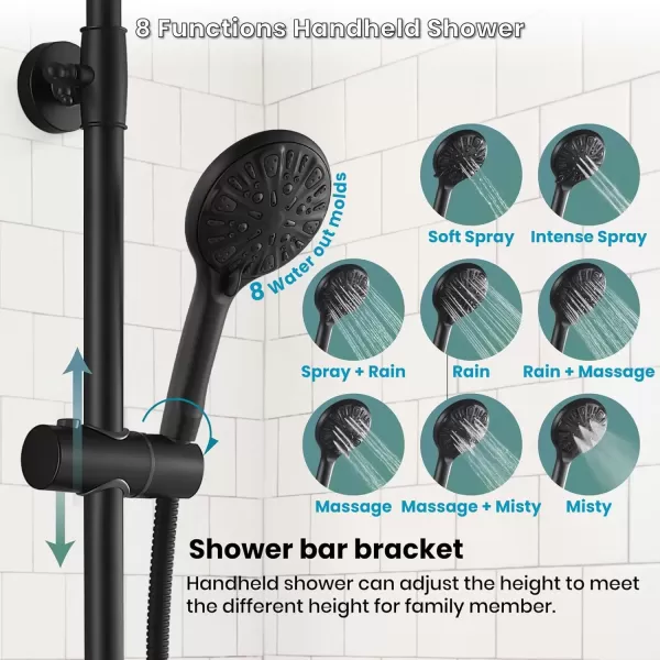 imagegotonovo Bathroom Exposed Shower Fixture Set 2 Functions 8 Inch Rainfall Shower Head Wall Mount 2 Double Knobs Cross Handle Mixer Shower System Combo Unit Brass Handheld Spray Polish GoldMatte Black