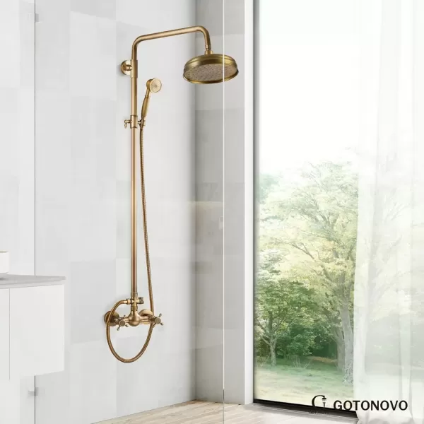 imagegotonovo Bathroom Exposed Shower Fixture Set 2 Functions 8 Inch Rainfall Shower Head Wall Mount 2 Double Knobs Cross Handle Mixer Shower System Combo Unit Brass Handheld Spray Polish GoldAntique Brass