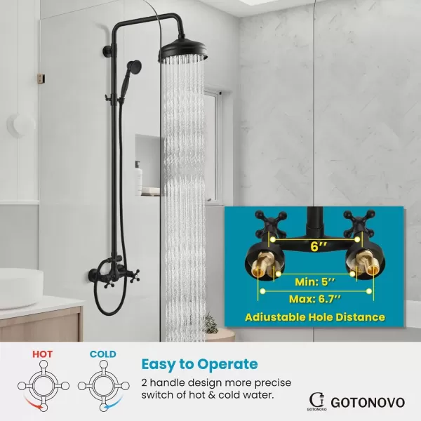 imagegotonovo Bathroom Exposed Shower Fixture Set 2 Functions 8 Inch Rainfall Shower Head Wall Mount 2 Double Knobs Cross Handle Mixer Shower System Combo Unit Brass Handheld Spray Polish GoldMatte Black