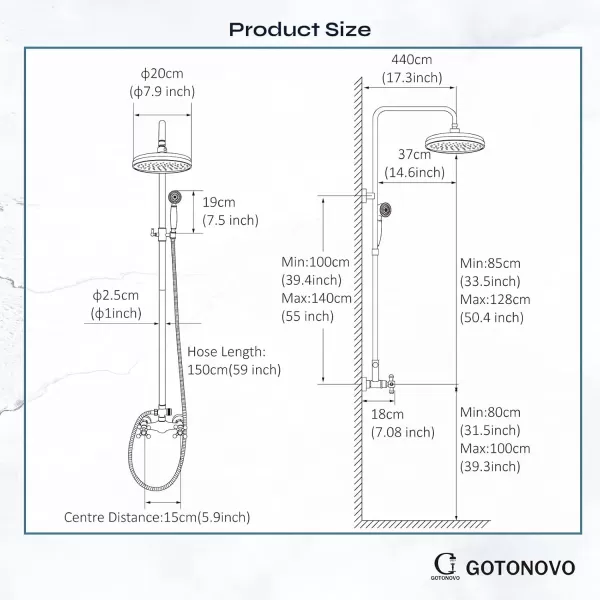 imagegotonovo Bathroom Exposed Shower Fixture Set 2 Functions 8 Inch Rainfall Shower Head Wall Mount 2 Double Knobs Cross Handle Mixer Shower System Combo Unit Brass Handheld Spray Polish GoldBrushed Nickel