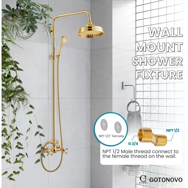 imagegotonovo Bathroom Exposed Shower Fixture Set 2 Functions 8 Inch Rainfall Shower Head Wall Mount 2 Double Knobs Cross Handle Mixer Shower System Combo Unit Brass Handheld Spray Polish GoldPolish Gold