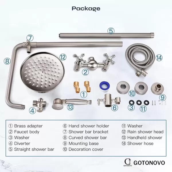 imagegotonovo Bathroom Exposed Shower Fixture Set 2 Functions 8 Inch Rainfall Shower Head Wall Mount 2 Double Knobs Cross Handle Mixer Shower System Combo Unit Brass Handheld Spray Polish GoldBrushed Nickel