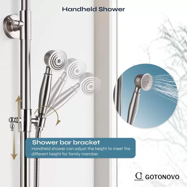 imagegotonovo Bathroom Exposed Shower Fixture Set 2 Functions 8 Inch Rainfall Shower Head Wall Mount 2 Double Knobs Cross Handle Mixer Shower System Combo Unit Brass Handheld Spray Polish GoldBrushed Nickel