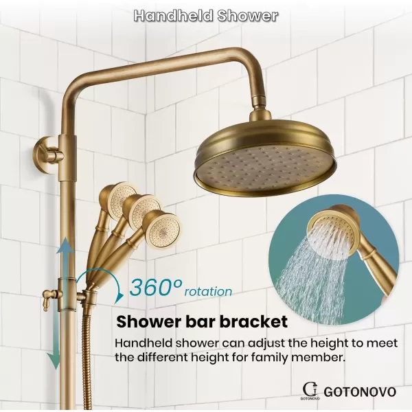 imagegotonovo Bathroom Exposed Shower Fixture Set 2 Functions 8 Inch Rainfall Shower Head Wall Mount 2 Double Knobs Cross Handle Mixer Shower System Combo Unit Brass Handheld Spray Polish GoldAntique Brass