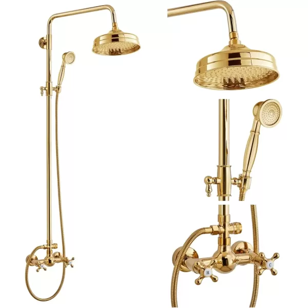 imagegotonovo Bathroom Exposed Shower Fixture Set 2 Functions 8 Inch Rainfall Shower Head Wall Mount 2 Double Knobs Cross Handle Mixer Shower System Combo Unit Brass Handheld Spray Polish GoldPolish Gold