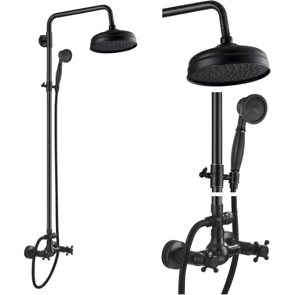 imagegotonovo Bathroom Exposed Shower Fixture Set 2 Functions 8 Inch Rainfall Shower Head Wall Mount 2 Double Knobs Cross Handle Mixer Shower System Combo Unit Brass Handheld Spray Polish GoldOil Rubbed Bronze
