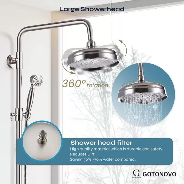 imagegotonovo Bathroom Exposed Shower Fixture Set 2 Functions 8 Inch Rainfall Shower Head Wall Mount 2 Double Knobs Cross Handle Mixer Shower System Combo Unit Brass Handheld Spray Polish GoldBrushed Nickel
