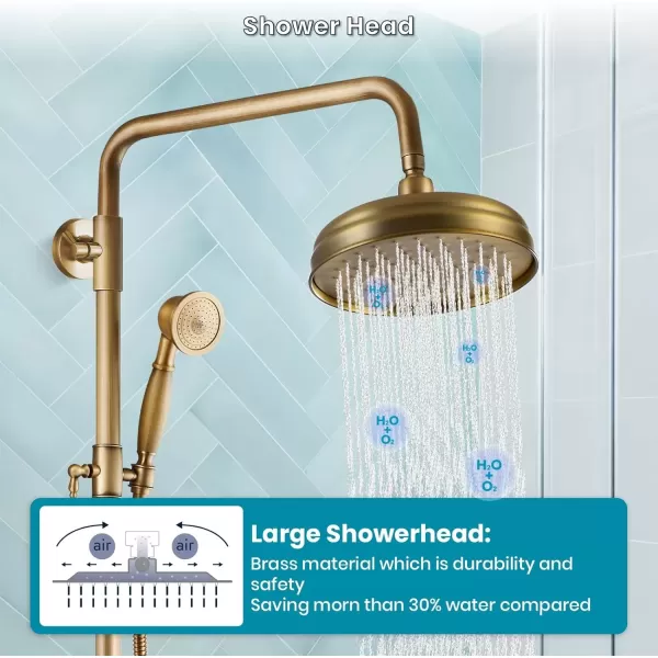 imagegotonovo Bathroom Exposed Shower Fixture Set 2 Functions 8 Inch Rainfall Shower Head Wall Mount 2 Double Knobs Cross Handle Mixer Shower System Combo Unit Brass Handheld Spray Polish GoldAntique Brass