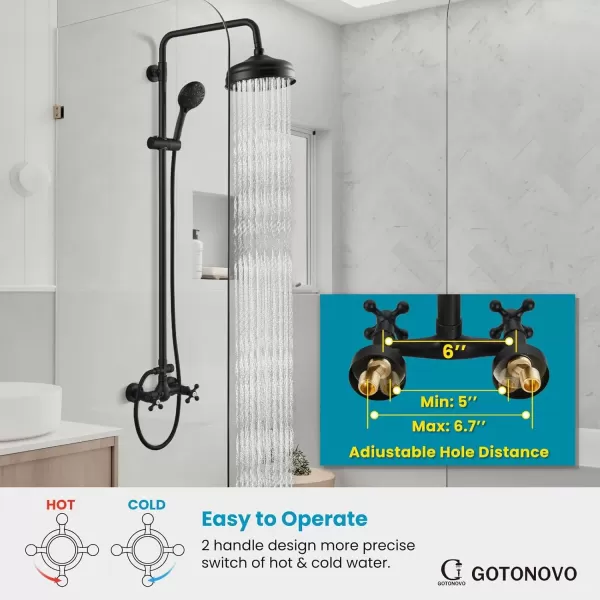 imagegotonovo Bathroom Exposed Shower Fixture Set 2 Functions 8 Inch Rainfall Shower Head Wall Mount 2 Double Knobs Cross Handle Mixer Shower System Combo Unit Brass Handheld Spray Polish GoldMatte Black