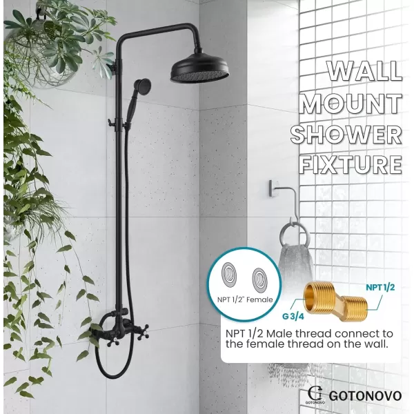 imagegotonovo Bathroom Exposed Shower Fixture Set 2 Functions 8 Inch Rainfall Shower Head Wall Mount 2 Double Knobs Cross Handle Mixer Shower System Combo Unit Brass Handheld Spray Polish GoldMatte Black