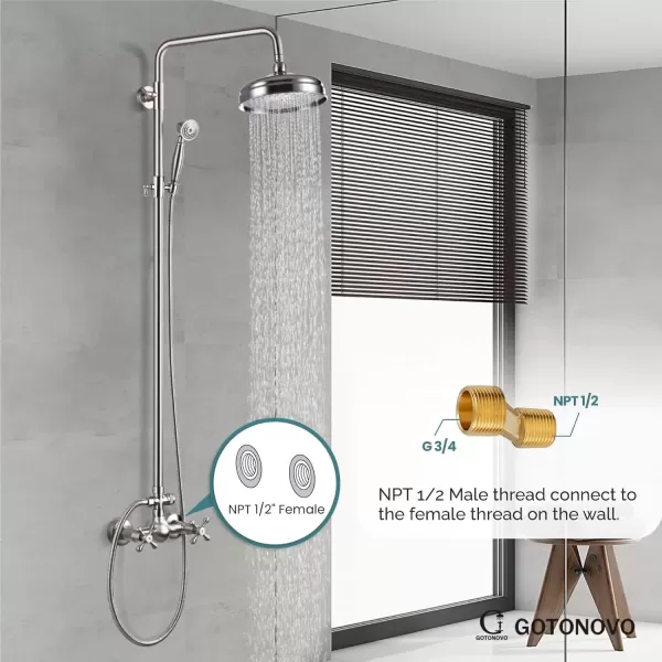 imagegotonovo Bathroom Exposed Shower Fixture Set 2 Functions 8 Inch Rainfall Shower Head Wall Mount 2 Double Knobs Cross Handle Mixer Shower System Combo Unit Brass Handheld Spray Polish GoldBrushed Nickel