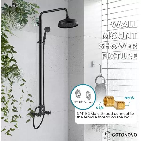 imagegotonovo Bathroom Exposed Shower Fixture Set 2 Functions 8 Inch Rainfall Shower Head Wall Mount 2 Double Knobs Cross Handle Mixer Shower System Combo Unit Brass Handheld Spray Polish GoldOil Rubbed Bronze