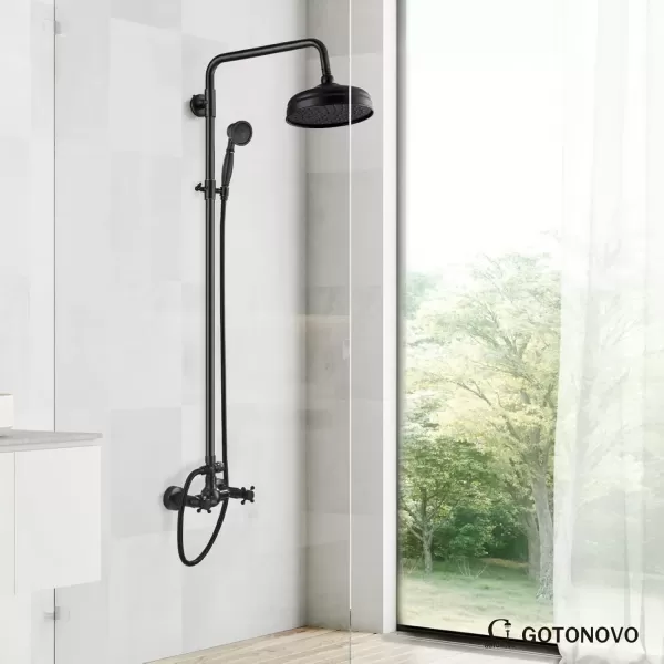 imagegotonovo Bathroom Exposed Shower Fixture Set 2 Functions 8 Inch Rainfall Shower Head Wall Mount 2 Double Knobs Cross Handle Mixer Shower System Combo Unit Brass Handheld Spray Polish GoldOil Rubbed Bronze