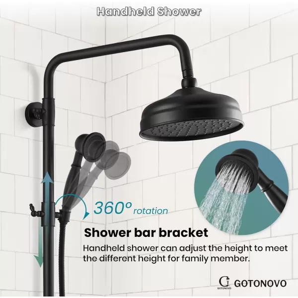 imagegotonovo Bathroom Exposed Shower Fixture Set 2 Functions 8 Inch Rainfall Shower Head Wall Mount 2 Double Knobs Cross Handle Mixer Shower System Combo Unit Brass Handheld Spray Polish GoldMatte Black