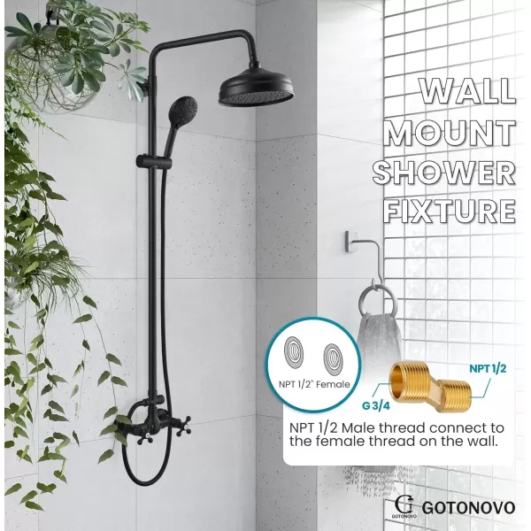 imagegotonovo Bathroom Exposed Shower Fixture Set 2 Functions 8 Inch Rainfall Shower Head Wall Mount 2 Double Knobs Cross Handle Mixer Shower System Combo Unit Brass Handheld Spray Polish GoldMatte Black