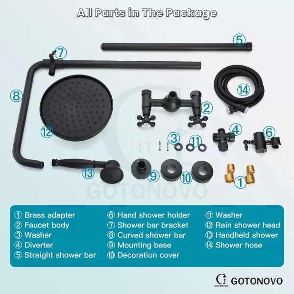 imagegotonovo Bathroom Exposed Shower Fixture Set 2 Functions 8 Inch Rainfall Shower Head Wall Mount 2 Double Knobs Cross Handle Mixer Shower System Combo Unit Brass Handheld Spray Polish GoldMatte Black