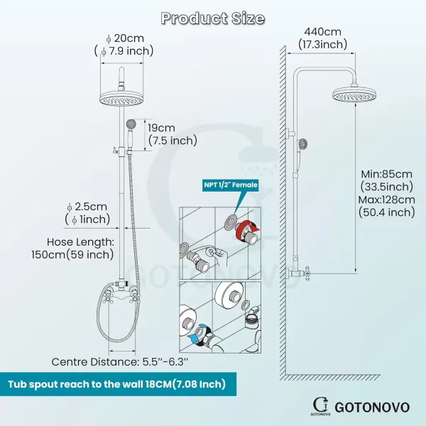 imagegotonovo Bathroom Exposed Shower Fixture Set 2 Functions 8 Inch Rainfall Shower Head Wall Mount 2 Double Knobs Cross Handle Mixer Shower System Combo Unit Brass Handheld Spray Polish GoldPolish Gold