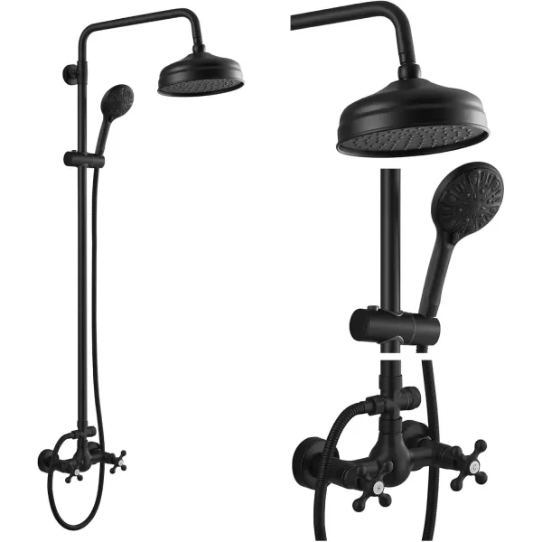 imagegotonovo Bathroom Exposed Shower Fixture Set 2 Functions 8 Inch Rainfall Shower Head Wall Mount 2 Double Knobs Cross Handle Mixer Shower System Combo Unit Brass Handheld Spray Polish GoldMatte Black