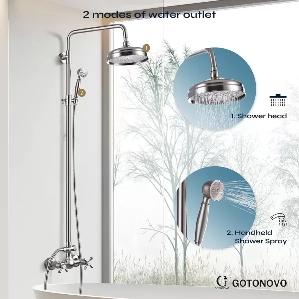 imagegotonovo Bathroom Exposed Shower Fixture Set 2 Functions 8 Inch Rainfall Shower Head Wall Mount 2 Double Knobs Cross Handle Mixer Shower System Combo Unit Brass Handheld Spray Polish GoldBrushed Nickel