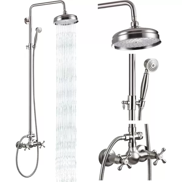 imagegotonovo Bathroom Exposed Shower Fixture Set 2 Functions 8 Inch Rainfall Shower Head Wall Mount 2 Double Knobs Cross Handle Mixer Shower System Combo Unit Brass Handheld Spray Polish GoldBrushed Nickel
