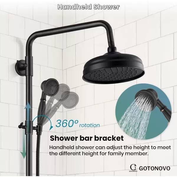 imagegotonovo Bathroom Exposed Shower Fixture Set 2 Functions 8 Inch Rainfall Shower Head Wall Mount 2 Double Knobs Cross Handle Mixer Shower System Combo Unit Brass Handheld Spray Polish GoldOil Rubbed Bronze