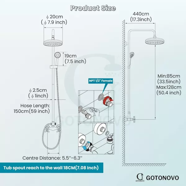 imagegotonovo Bathroom Exposed Shower Fixture Set 2 Functions 8 Inch Rainfall Shower Head Wall Mount 2 Double Knobs Cross Handle Mixer Shower System Combo Unit Brass Handheld Spray Polish GoldMatte Black