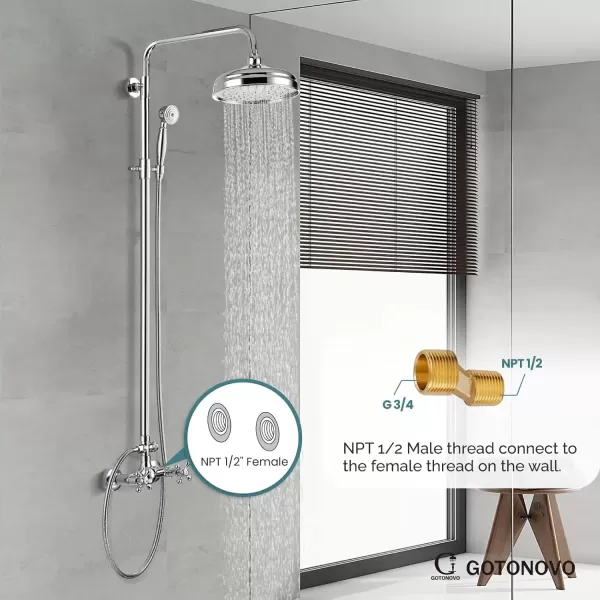 imagegotonovo Bathroom Exposed Shower Fixture Set 2 Functions 8 Inch Rainfall Shower Head Wall Mount 2 Double Knobs Cross Handle Mixer Shower System Combo Unit Brass Handheld Spray Polish GoldPolish Chrome