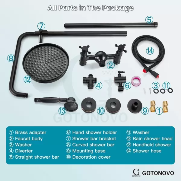 imagegotonovo Bathroom Exposed Shower Fixture Set 2 Functions 8 Inch Rainfall Shower Head Wall Mount 2 Double Knobs Cross Handle Mixer Shower System Combo Unit Brass Handheld Spray Polish GoldOil Rubbed Bronze