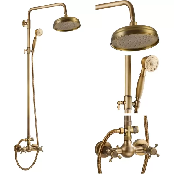 imagegotonovo Bathroom Exposed Shower Fixture Set 2 Functions 8 Inch Rainfall Shower Head Wall Mount 2 Double Knobs Cross Handle Mixer Shower System Combo Unit Brass Handheld Spray Polish GoldAntique Brass