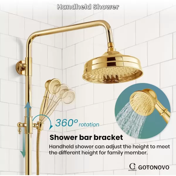 imagegotonovo Bathroom Exposed Shower Fixture Set 2 Functions 8 Inch Rainfall Shower Head Wall Mount 2 Double Knobs Cross Handle Mixer Shower System Combo Unit Brass Handheld Spray Polish GoldPolish Gold