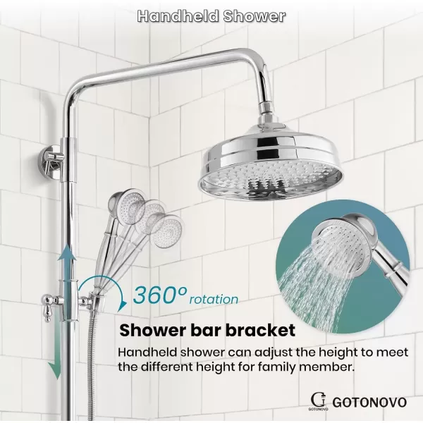 imagegotonovo Bathroom Exposed Shower Fixture Set 2 Functions 8 Inch Rainfall Shower Head Wall Mount 2 Double Knobs Cross Handle Mixer Shower System Combo Unit Brass Handheld Spray Polish GoldPolish Chrome