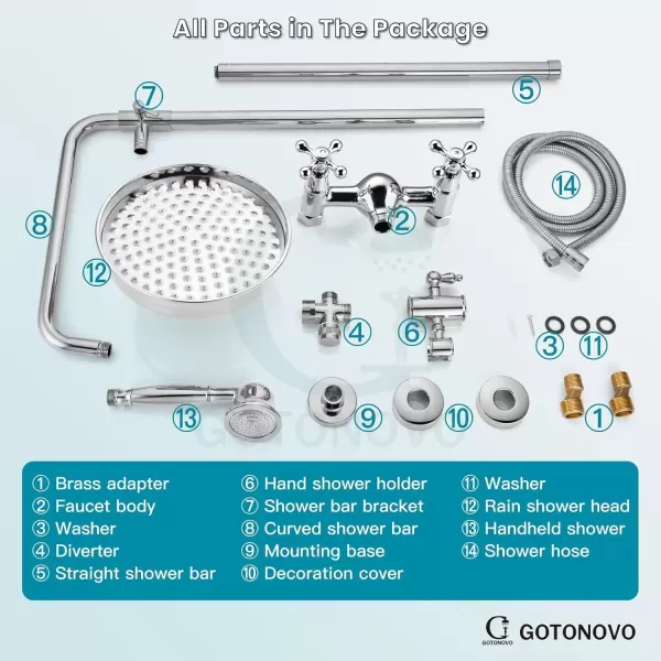 imagegotonovo Bathroom Exposed Shower Fixture Set 2 Functions 8 Inch Rainfall Shower Head Wall Mount 2 Double Knobs Cross Handle Mixer Shower System Combo Unit Brass Handheld Spray Polish GoldPolish Chrome