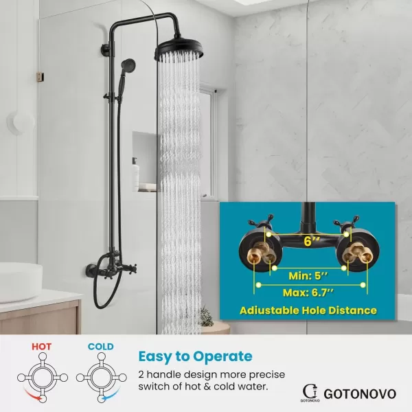 imagegotonovo Bathroom Exposed Shower Fixture Set 2 Functions 8 Inch Rainfall Shower Head Wall Mount 2 Double Knobs Cross Handle Mixer Shower System Combo Unit Brass Handheld Spray Polish GoldOil Rubbed Bronze