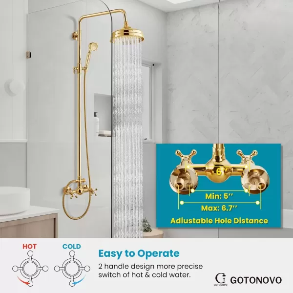 imagegotonovo Bathroom Exposed Shower Fixture Set 2 Functions 8 Inch Rainfall Shower Head Wall Mount 2 Double Knobs Cross Handle Mixer Shower System Combo Unit Brass Handheld Spray Polish GoldPolish Gold