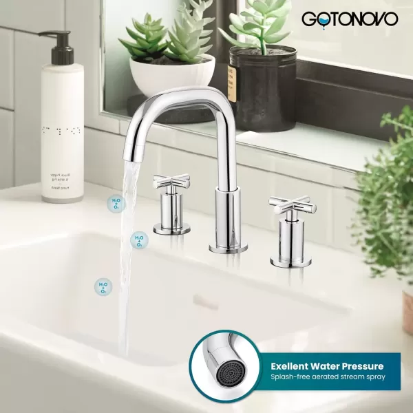 imagegotonovo Bathroom Faucet 3 Hole 8 inch Widespread Bathroom Sink Faucet 2 Handle Vanity Faucet for Bathroom Sink 360 Swivel Spout Deck Mount Basin with Pop Up Drain Polished ChromePolished Chrome