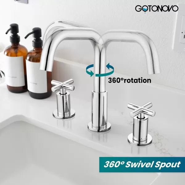 imagegotonovo Bathroom Faucet 3 Hole 8 inch Widespread Bathroom Sink Faucet 2 Handle Vanity Faucet for Bathroom Sink 360 Swivel Spout Deck Mount Basin with Pop Up Drain Polished ChromePolished Chrome