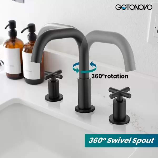 imagegotonovo Bathroom Faucet 3 Hole 8 inch Widespread Bathroom Sink Faucet 2 Handle Vanity Faucet for Bathroom Sink 360 Swivel Spout Deck Mount Basin with Pop Up Drain Polished ChromeMatte Black