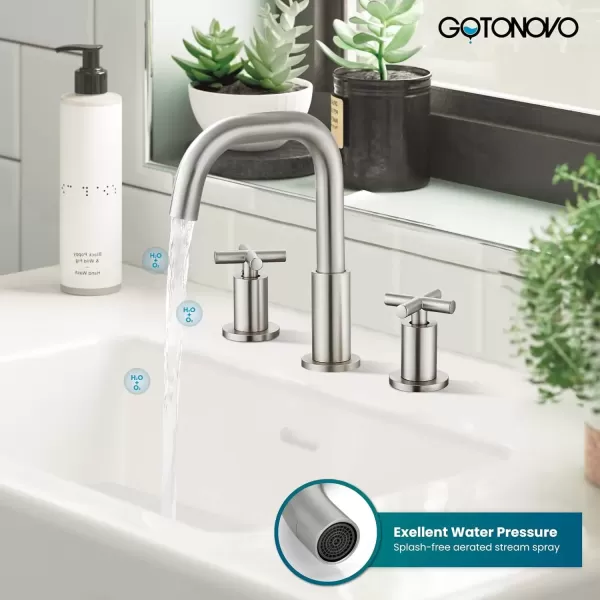 imagegotonovo Bathroom Faucet 3 Hole 8 inch Widespread Bathroom Sink Faucet 2 Handle Vanity Faucet for Bathroom Sink 360 Swivel Spout Deck Mount Basin with Pop Up Drain Polished ChromeBrushed Nickel