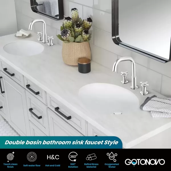 imagegotonovo Bathroom Faucet 3 Hole 8 inch Widespread Bathroom Sink Faucet 2 Handle Vanity Faucet for Bathroom Sink 360 Swivel Spout Deck Mount Basin with Pop Up Drain Polished ChromePolished Chrome