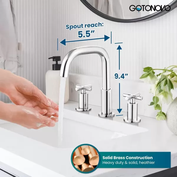 imagegotonovo Bathroom Faucet 3 Hole 8 inch Widespread Bathroom Sink Faucet 2 Handle Vanity Faucet for Bathroom Sink 360 Swivel Spout Deck Mount Basin with Pop Up Drain Polished ChromePolished Chrome