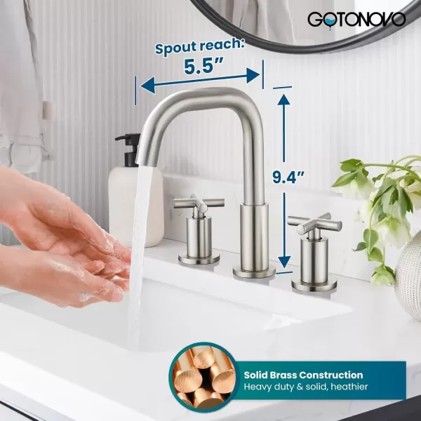imagegotonovo Bathroom Faucet 3 Hole 8 inch Widespread Bathroom Sink Faucet 2 Handle Vanity Faucet for Bathroom Sink 360 Swivel Spout Deck Mount Basin with Pop Up Drain Polished ChromeBrushed Nickel