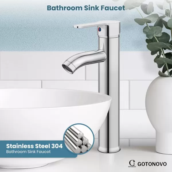 imagegotonovo Bathroom Faucet One Hole Single Handle Deck Mount Vessel Sink Faucet Lavatory Vanity Modern Tall Mixer Bar Tap with Water Supply Lines and Metal Pop Up Drain Brushed NickelPolish Chrome