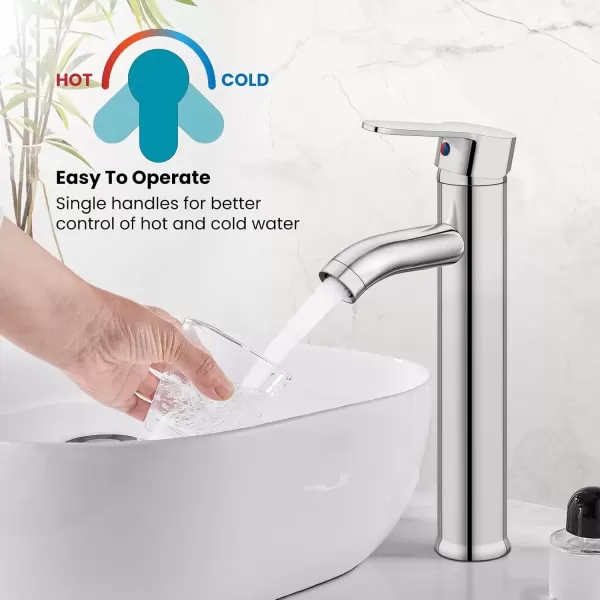 imagegotonovo Bathroom Faucet One Hole Single Handle Deck Mount Vessel Sink Faucet Lavatory Vanity Modern Tall Mixer Bar Tap with Water Supply Lines and Metal Pop Up Drain Brushed NickelPolish Chrome
