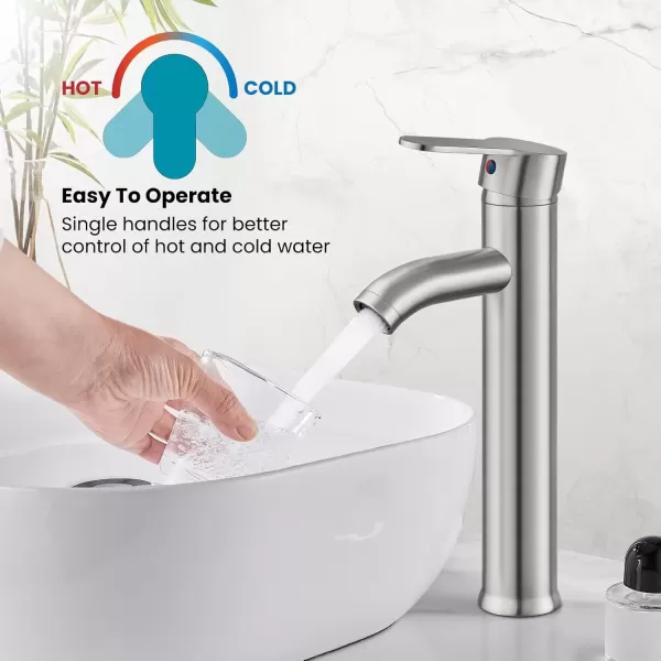 imagegotonovo Bathroom Faucet One Hole Single Handle Deck Mount Vessel Sink Faucet Lavatory Vanity Modern Tall Mixer Bar Tap with Water Supply Lines and Metal Pop Up Drain Brushed NickelBrushed Nickel