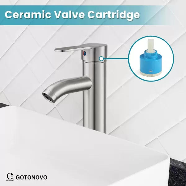 imagegotonovo Bathroom Faucet One Hole Single Handle Deck Mount Vessel Sink Faucet Lavatory Vanity Modern Tall Mixer Bar Tap with Water Supply Lines and Metal Pop Up Drain Brushed NickelBrushed Nickel