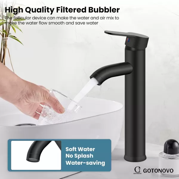 imagegotonovo Bathroom Faucet One Hole Single Handle Deck Mount Vessel Sink Faucet Lavatory Vanity Modern Tall Mixer Bar Tap with Water Supply Lines and Metal Pop Up Drain Brushed NickelMatte Black