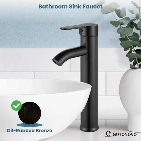 imagegotonovo Bathroom Faucet One Hole Single Handle Deck Mount Vessel Sink Faucet Lavatory Vanity Modern Tall Mixer Bar Tap with Water Supply Lines and Metal Pop Up Drain Brushed NickelOil Rubbed Bronze